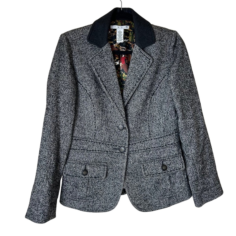 CAbi Women's Riding Jacket Blazer Wool Tweed Herringbone Old Money Academia 6